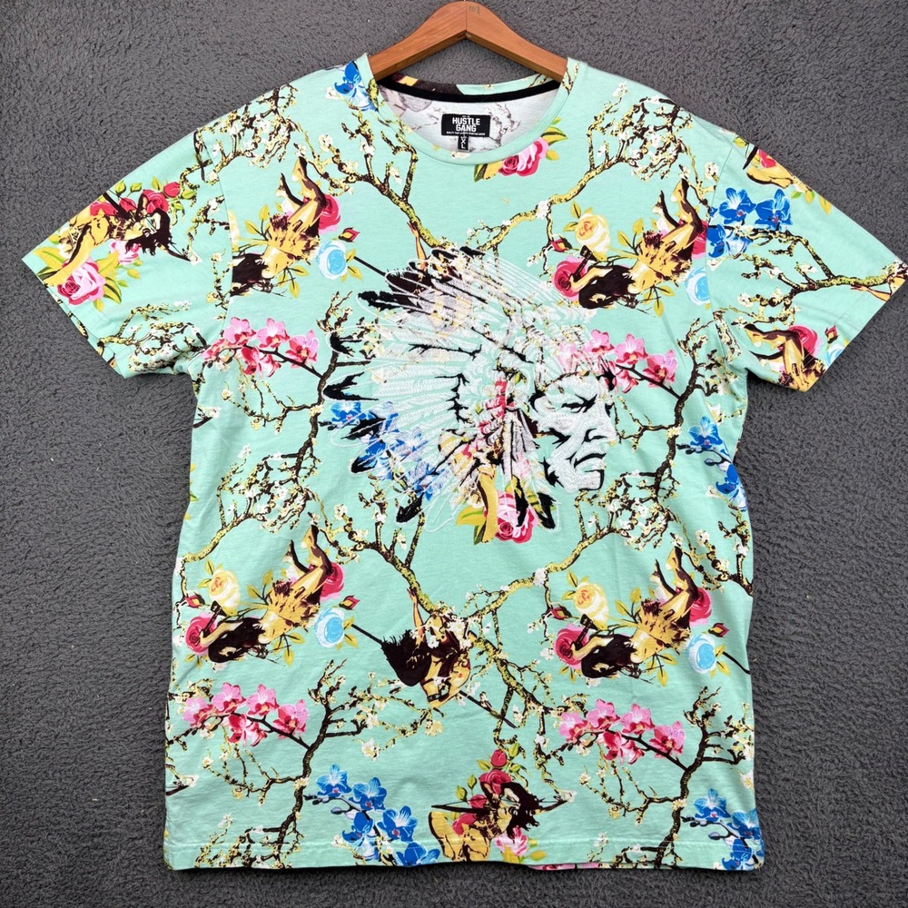 Hustle Gang Mens XL Mint Green Floral Chief Graphic Embroidered‎ T-Shirt